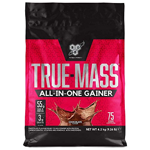 BSN True Mass All In One Gainer, Proteínas para Aumentar Masa Muscular con Creatina Monohidratada, Glutamina, Vitamina D y Zinc, Chocolate, 25 Porciones, 4.2 kg