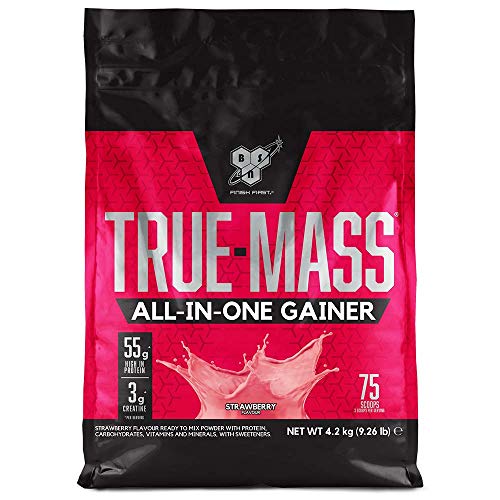 BSN True Mass All In One Gainer, Proteínas para Aumentar Masa Muscular con Creatina Monohidratada, Glutamina, Vitamina D y Zinc, Fresa, 25 Porciones, 4.2 kg