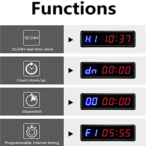 BTBSIGN - Cronómetro y temporizador de intervalos LED con reloj y control remoto para gimnasio en casa (dos azul+cuatro rojos)