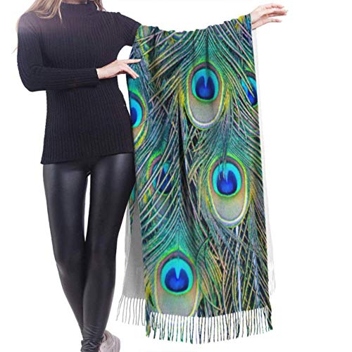 Bufanda de plumas de pavo real para mujer, chal envolvente, cachemira, 196 x 68 cm, grande y suave, extra cálido