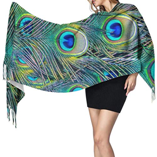 Bufanda de plumas de pavo real para mujer, chal envolvente, cachemira, 196 x 68 cm, grande y suave, extra cálido