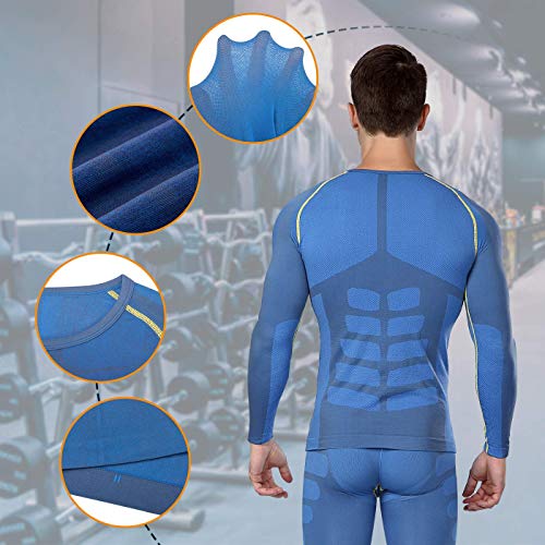 Bwiv Camiseta Hombre Deportiva Compresión Camiseta Interior Hombre Manga Larga Fitness Gimnasio Aire Libre para Entrenamiento Ciclismo de Azul y Línea Amarillo Talla XL