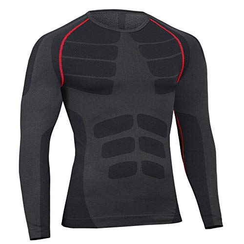 Bwiv Camiseta Hombre Deportiva Compresión Camiseta Interior Hombre Manga Larga Fitness Gimnasio Aire Libre para Entrenamiento Ciclismo de Negro Gris y Rojo Línea Talla M