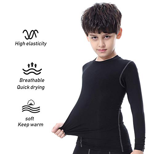 Bwiv Camiseta Térmica Interior Niños Camiseta Deporte Manga Larga de Compresión Ropa Interior Polar Niño Secado Rápido Transpirable Invierno Esquí(L140, Negro Grís)