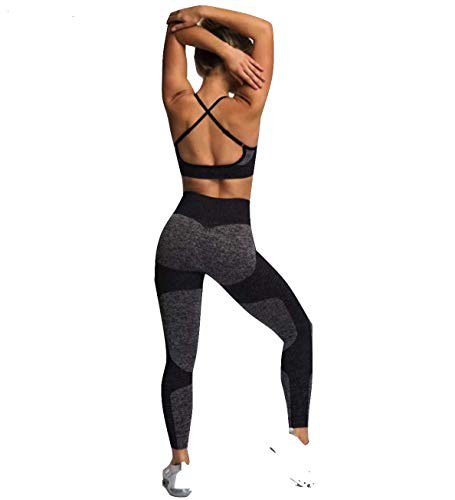 C K CrisKat Conjunto Deportivo Femenino Sujetador y Pantalones de Yoga Traje Deportivo Conjunto de Leggings y Sujetador Deportivo Conjunto de Yoga Sólido sin Costuras para Fitness (S, Negro)