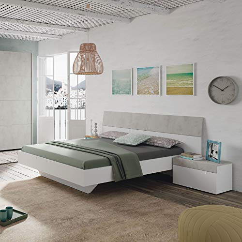 Cabezal + mesitas, Dormitorio, Modelo Tekkan, Acabado en Blanco Artik y Gris Cemento, Medidas: 176 cm (Largo) x 96,5 cm (Alto)