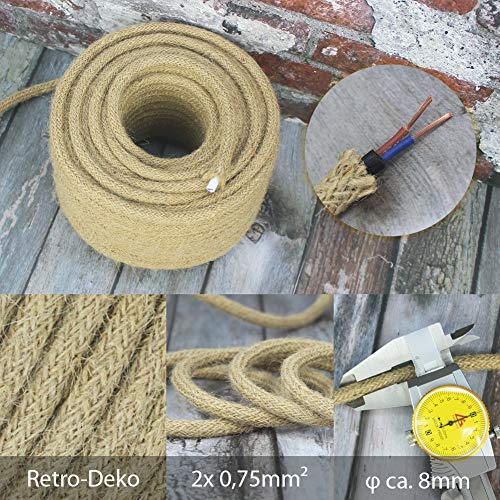 Cable textil de Zohar, 2 núcleos, 0,75 mm², 10 m, vintage, cuerda de yute retro, cable de instalación, cobre, cable eléctrico con pinzas de conexión, lámpara DIY