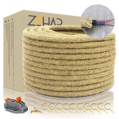 Cable textil de Zohar, 2 núcleos, 0,75 mm², 10 m, vintage, cuerda de yute retro, cable de instalación, cobre, cable eléctrico con pinzas de conexión, lámpara DIY