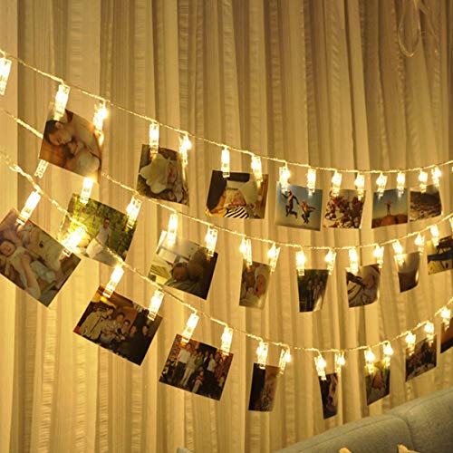 Cadena de luces LED para fotos, 6 m, 40 luces LED, clip de fotos, cadenas de luces, interiores, Navidad, habitación de los niños, exteriores, fiestas, bodas, funciona con pilas, blanco cálido