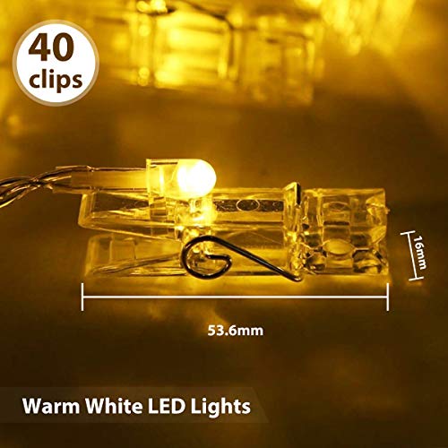 Cadena de luces LED para fotos, 6 m, 40 luces LED, clip de fotos, cadenas de luces, interiores, Navidad, habitación de los niños, exteriores, fiestas, bodas, funciona con pilas, blanco cálido Cadena de luces LED para fotos, 6 m, 40 luces LED, clip de fotos, cadenas de luces, interiores, Navidad, habitación de los niños, exteriores, fiestas, bodas, funciona con pilas, blanco cálido