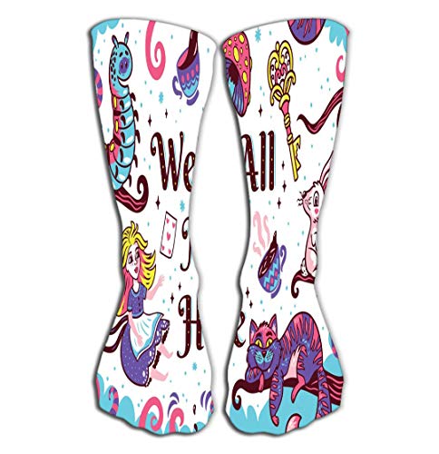 Calcetines de compresión GHEDPO para mujeres y hombres, ideales para correr, deportes atléticos, crossfit, viajes de vuelo de 50 cm, estampado de personajes Alicia Wonderland All Mad Here