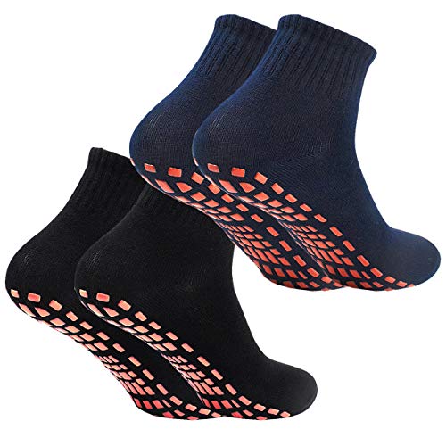 Calcetines Deporte 2 Pares Calcetines Antideslizantes para Hombre Mujer Algodón Transpirable Calcetines Deportivos para Pilates Yoga Fitness Gimnasia (Negro/Azul marino, L/XL (EU 41-45))