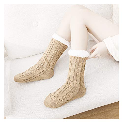 Calcetines esponjosos Calcetines de zapatillas de mujer gruesa cálida piel invernadero de invierno de invierno de color sólido de punto de tejer cordero calcetines de lana con puntos sin patines