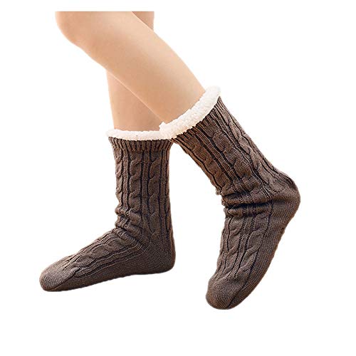 Calcetines esponjosos Calcetines de zapatillas de mujer gruesa cálida piel invernadero de invierno de invierno de color sólido de punto de tejer cordero calcetines de lana con puntos sin patines