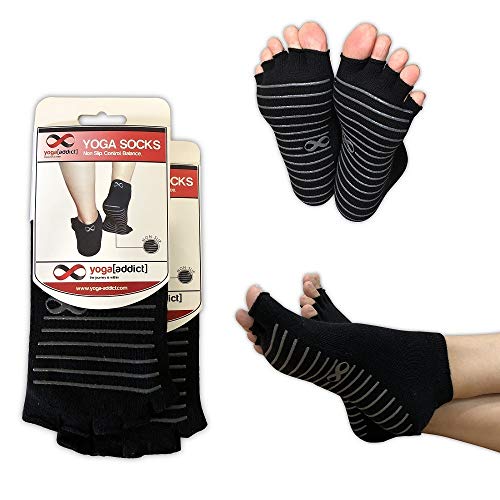 Calcetines sin Dedos YogaAddict para Yoga, Pilates, Danza, Barra; Media Puntera con agarres, Antideslizantes, Black (Grey Grippy Lines) - 2 Pairs, M/L