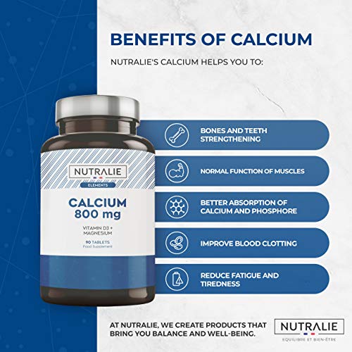 Calcio 800 mg con Magnesio y Vitamina D | Mantenimiento de Huesos, Dientes y Músculos Normales con Calcio, Magnesio y Vitamina D3 de Alta Absorción | 90 comprimidos Nutralie