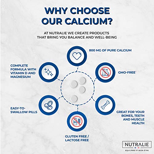 Calcio 800 mg con Magnesio y Vitamina D | Mantenimiento de Huesos, Dientes y Músculos Normales con Calcio, Magnesio y Vitamina D3 de Alta Absorción | 90 comprimidos Nutralie