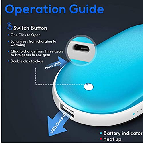 Calentador de manos recargable, banco de bolsillo portátil, 5200 mAh, USB, calentador eléctrico de doble cara, regalo en invierno para mujeres y hombres (azul)