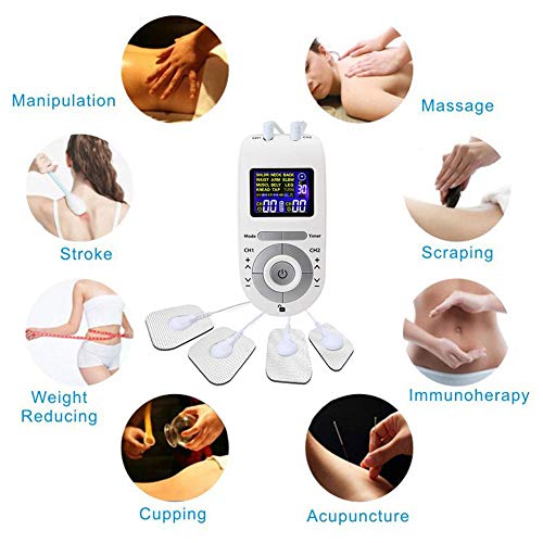 Calistouk TENS EMS Unidad Terapia 4 Almohadillas de electrodos Alivio del dolor Masaje de pulso Estimulación muscular Electroestimulador blanco