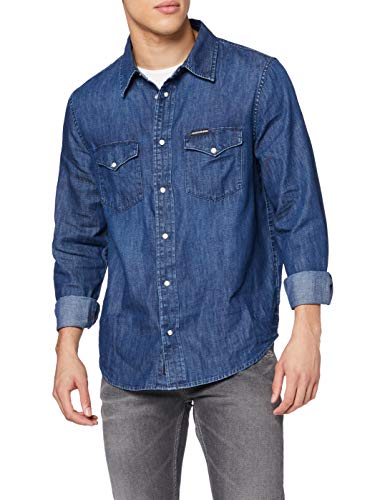 Calvin Klein Modern Western Shirt Camisa con Botones, Ca027 Dark Blue, L para Mujer