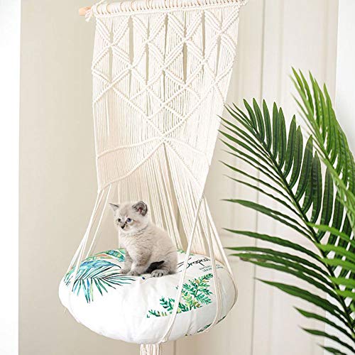 Cama de hamaca para gatos, tejer a mano retro clásico de Bohemia Cama de hamaca para gatos Cama de macramé decorativa Colgante de pared Nidos de gato Hamaca abatible, firme y duradera,Para el hogar