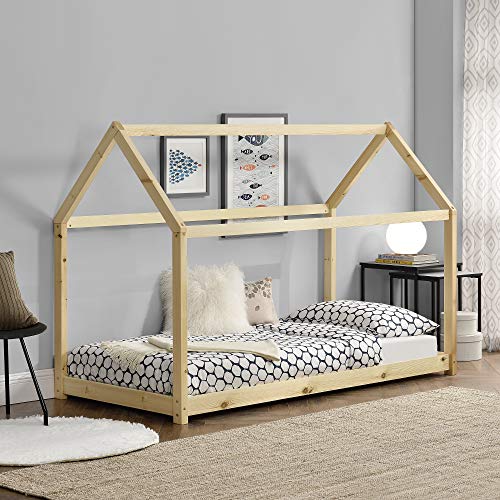 Cama para niños de Madera Pino 70 x 140cm o 80 x 160cm Cama Infantil Forma de casa Casita Blanco o Pino Natural (Pino Natural, 90x200cm)