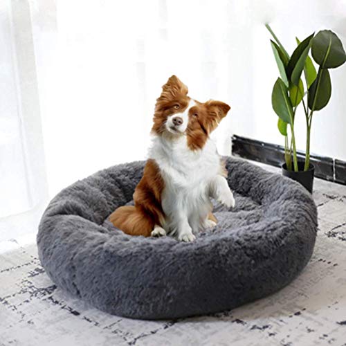 Cama redonda para mascotas, mullida, calmante, de felpa, cueva, casera, sofá de lujo para gatos y gatos, suave y cómodo, para perros extragrandes, gris oscuro, XL: 80 cm