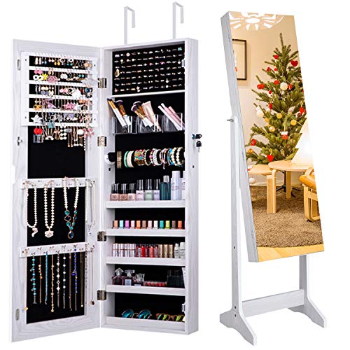 Camabel Gabinete de joyería con Espejo 152x36.5x10cm Espejo con Cerradura con Espejo y Espejo Interior Plegable para Maquillaje Blanco Camabel Gabinete de joyería con Espejo 152x36.5x10cm Espejo con Cerradura con Espejo y Espejo Interior Plegable para Maquillaje Blanco