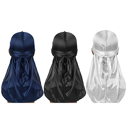 Camidy 3 Piezas de Durag Suave Y Sedoso con Cola Larga para Hombres Mujeres 360 Ondas Headwraps con Tapa de Onda