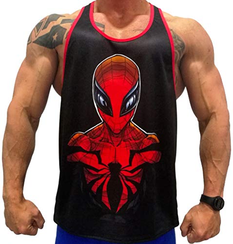 Camisa Fitness de Tirantes para Hombre para Entrenar en el Gimnasio y Gym. T-Shirt Bodybuilding Transpirables. (Spiderman Micro) - L