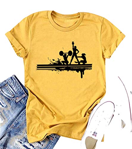 Camiseta con mancuernas para yoga, para amantes de los deportes, mujeres, atletismo, manga corta, cuello en O - Amarillo - X-Large Camiseta con mancuernas para yoga, para amantes de los deportes, mujeres, atletismo, manga corta, cuello en O - Amarillo - X-Large