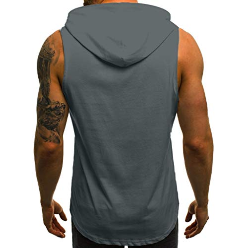 Camiseta de Fitness para Hombre con Capucha, sin Mangas, Bolsillo para Culturismo con presión Muscular para Hombre, Parte Superior Ajustada Gris L
