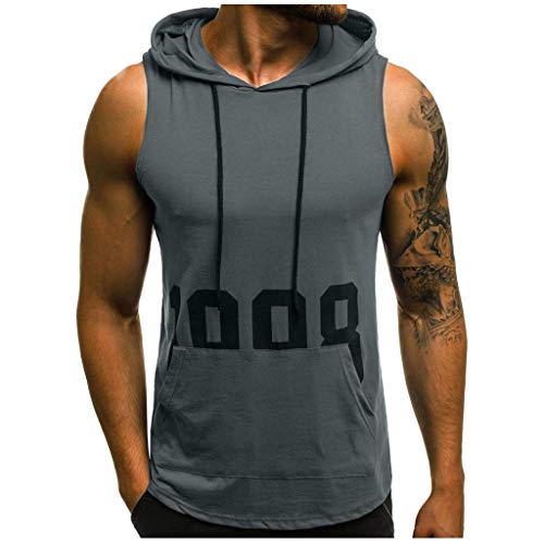 Camiseta de Fitness para Hombre con Capucha, sin Mangas, Bolsillo para Culturismo con presión Muscular para Hombre, Parte Superior Ajustada Gris L