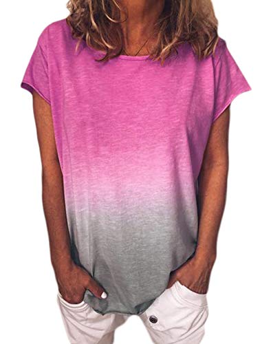 Camiseta de Manga Corta de Color Degradado con Estampado de Arco Iris de Verano para Mujer Camiseta Suelta