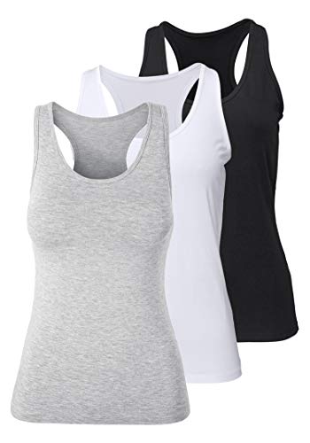 Camiseta de Tirantes de Algodón para Mujer, Pack de 3 Camiseta sin Mangas Camiseta de Fitness Deportiva de Tirantes para Mujer (Negro+Blanco+Gris, XXL)