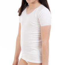 Camiseta Interior Termal de niña L145, de Manga Corta y Cuello Pico con puntilla. Pack Ahorro de 6 Unidades de la Misma Talla y Color. (4)