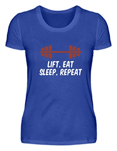 Camiseta para mujer con diseño de mancuernas y texto en inglés "Lift Eat Sleep Repeat" azul neón L