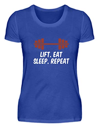 Camiseta para mujer con diseño de mancuernas y texto en inglés "Lift Eat Sleep Repeat" azul neón L Camiseta para mujer con diseño de mancuernas y texto en inglés "Lift Eat Sleep Repeat" azul neón L