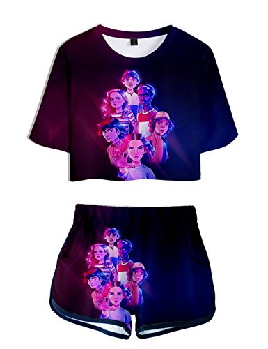 Camiseta y Pantalón Corto Stranger Things Adolescente Chica Stranger Things Impresión 3D Camiseta de Manga Corta Verano Conjunto Deportivo Top y Pantalones Cortos para Niña y Mujere (I,XS)