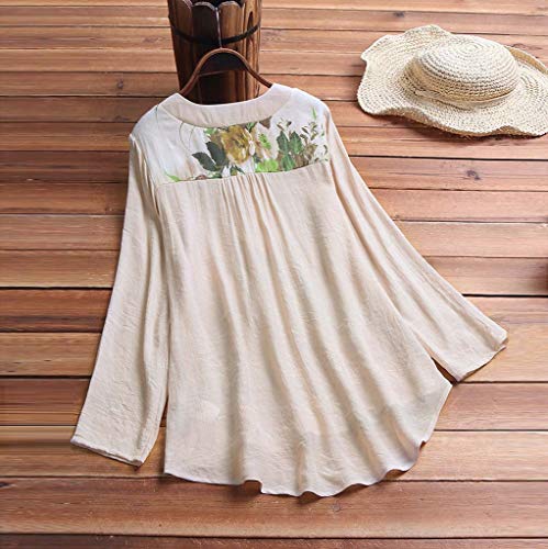 Camisetas Mujer Manga Larga SHOBDW 2019 Nuevo Cuello en V Tops de Túnica Blusas Suelto Estampado Floral Pullover Sexy Casual Verano Camisetas Mujer Tallas Grandes M-5XL(Beige,M)