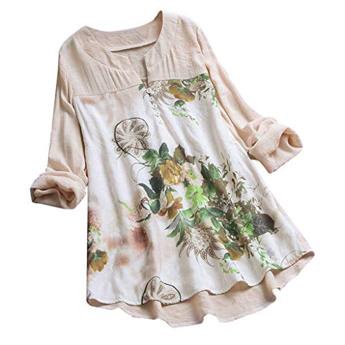 Camisetas Mujer Manga Larga SHOBDW 2019 Nuevo Cuello en V Tops de Túnica Blusas Suelto Estampado Floral Pullover Sexy Casual Verano Camisetas Mujer Tallas Grandes M-5XL(Beige,M)