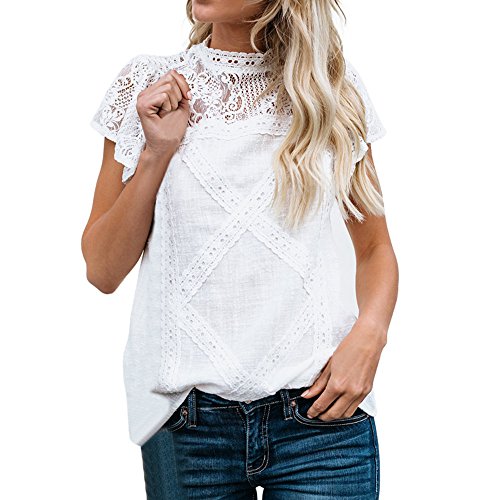 Camisetas Mujer SHOBDW Dia de la Mujer Verano Patchwork De Encaje Casual Ahuecar Volantes Manga Corta Suéter De Cuello De Tortuga Linda Blusa Floral Camiseta Blanca para Mujer(Blanco,S)