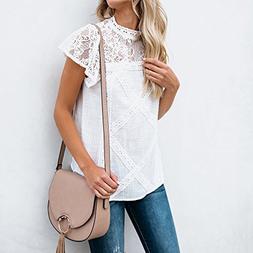 Camisetas Mujer SHOBDW Dia de la Mujer Verano Patchwork De Encaje Casual Ahuecar Volantes Manga Corta Suéter De Cuello De Tortuga Linda Blusa Floral Camiseta Blanca para Mujer (S, Rosa)