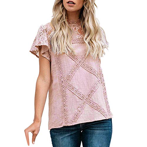 Camisetas Mujer SHOBDW Dia de la Mujer Verano Patchwork De Encaje Casual Ahuecar Volantes Manga Corta Suéter De Cuello De Tortuga Linda Blusa Floral Camiseta Blanca para Mujer (S, Rosa)