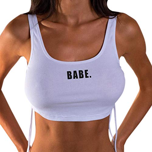 Camisetas sin Mangas Mujer SHOBDW Verano Playa Mar Sexy Casual Letra Impresa Camisola Delgada Bandeau Tops Deportivos De Yoga Cosecha Blanca Camisa Camiseta para Mujer(Blanco,M)