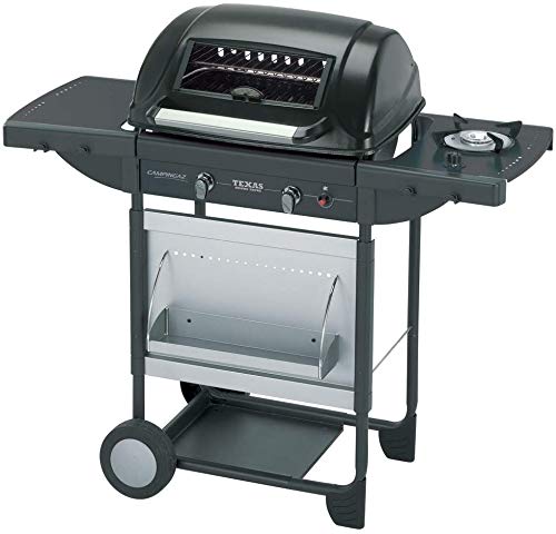Campingaz Texas Re.volution S - Barbacoa a Gas para Piedra Lava , con 2 Quemadores de Gas Compactos, Quemador lateral, 8,2 kW de Potencia, Parrillas de Hierro Fundido, Mesas Laterales y Carro de Acero Campingaz Texas Re.volution S - Barbacoa a Gas para Piedra Lava , con 2 Quemadores de Gas Compactos, Quemador lateral, 8,2 kW de Potencia, Parrillas de Hierro Fundido, Mesas Laterales y Carro de Acero