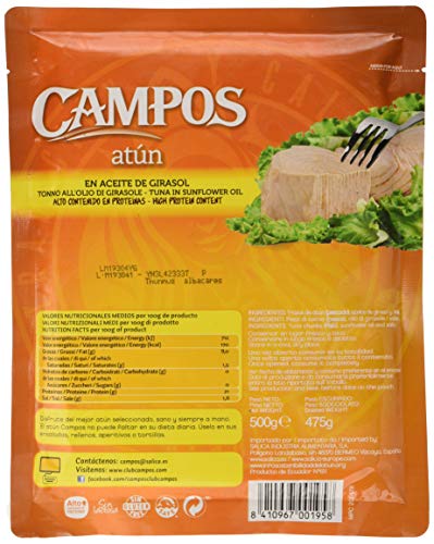 CAMPOS Conserva de atún en aceite de girasol, pouch/ bolsa de 500 gr