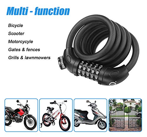 Candado de cable para bicicleta con número reajustable de 5 dígitos, candado de combinación de cable con soporte de montaje bloqueo de cadena para bicicleta de motocicleta ciclismo (4 pies) negro