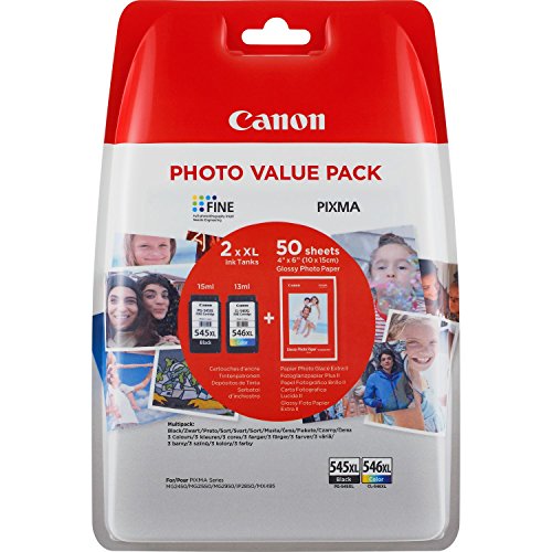 Canon PG-545XL+CL-546XL Valuepack de tinta original BK XL+Tricolor XL (GP-501 50 sheets) para Impresora de Inyeccion de tinta Pixma TS3150,3151-MG2450,2550,2550S,2555S,2950,3050,3051,3052,3053-IP2850
