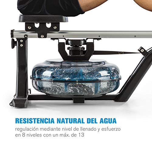 Capital Sports Flow - Máquina de Remo de Agua, Banco de Remo, 80 cm de Largo, Ordenador con Pantalla LCD, Soporte para tabletas, Aluminio y Acero, 6 Niveles / máx. 14 litros, Negro/Plateado